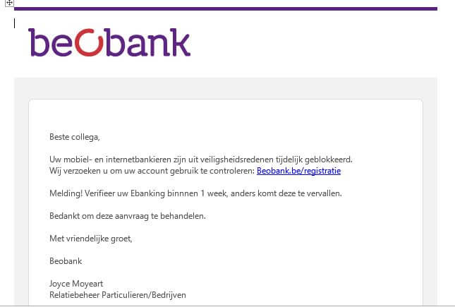 Fraude e-mail "bankieren geblokkeerd"