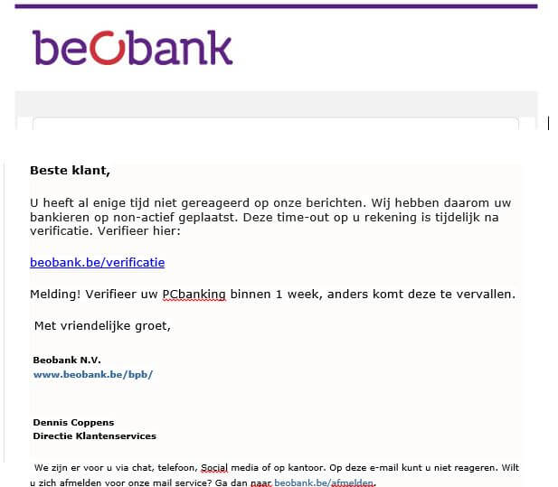 Fraude e-mail "bankieren non-actief"